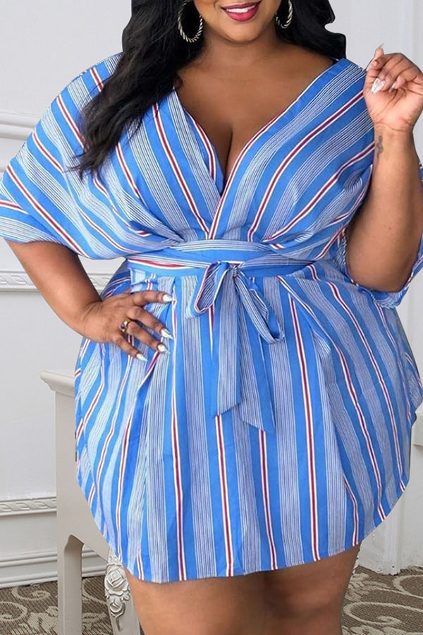 Lovely Casual V Neck Striped Lace-up Blue Mini A Line Plus Size Dress