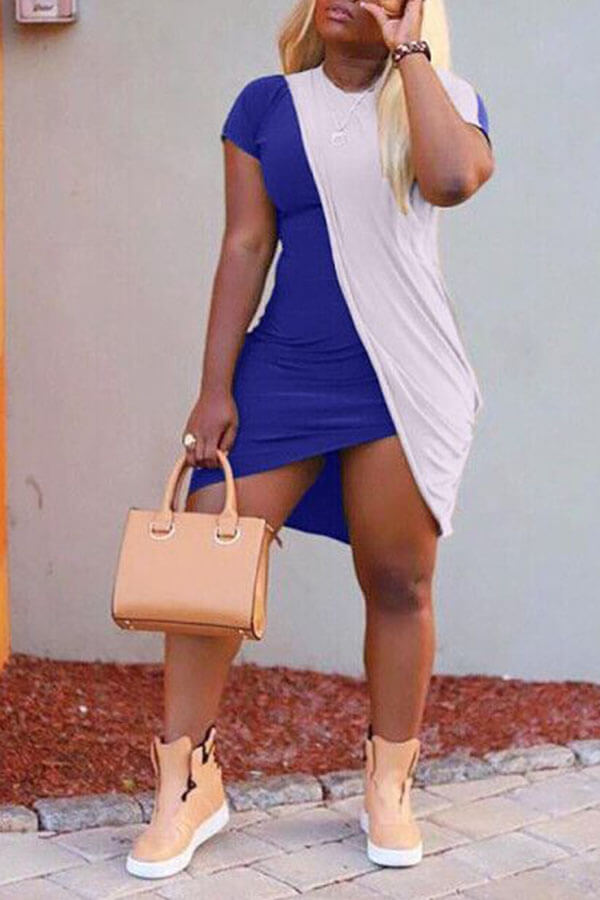 

Lovely Casual O Neck Patchwork Blue Asymmetrical Mini Dress
