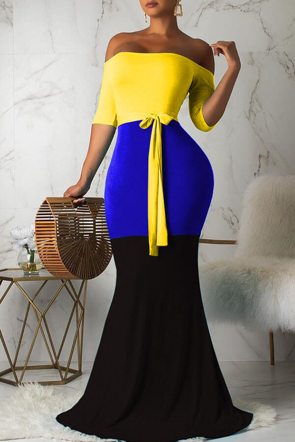 

Lovely Casual Off The Shoulder Patchwork Blue Floor Length Dress