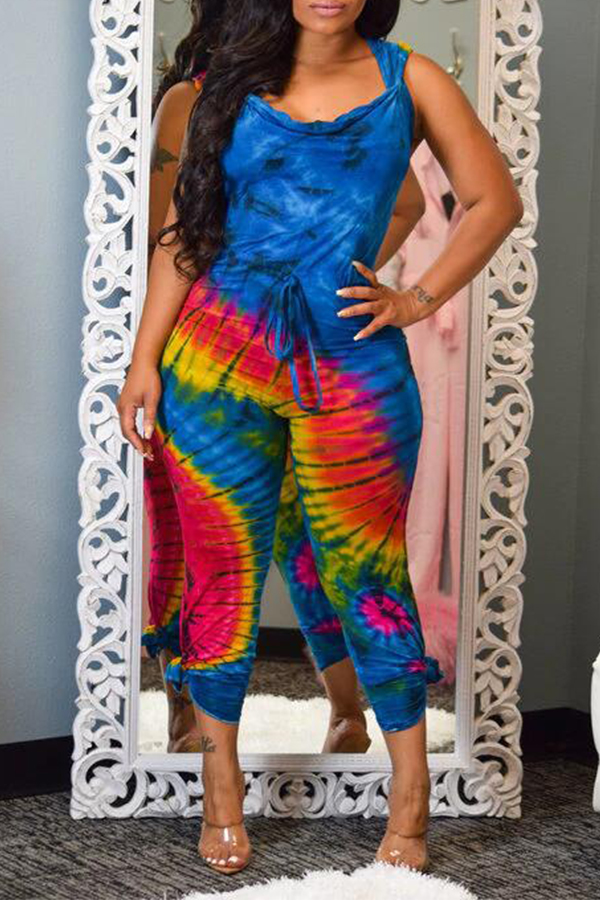 

Lovely Casual Hooded Collar Printed Backless Blue One-piece Jumpsuit