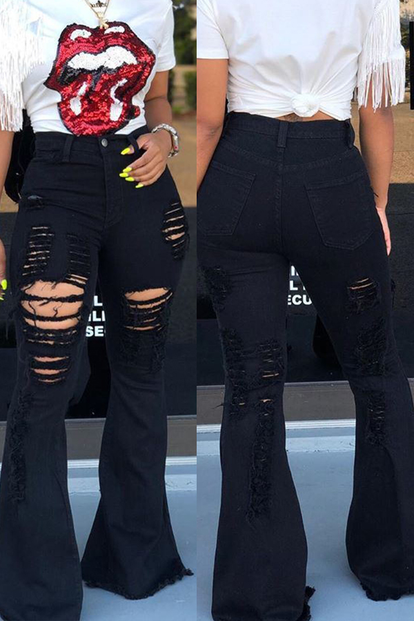 Lovely Leisure Broken Holes Black Jeans