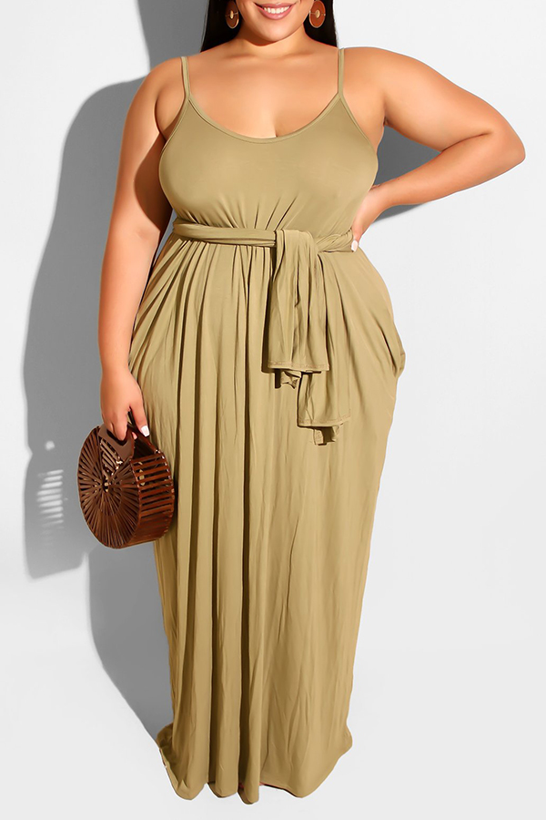 

LW Casual Spaghetti Straps Khaki Floor Length Dress