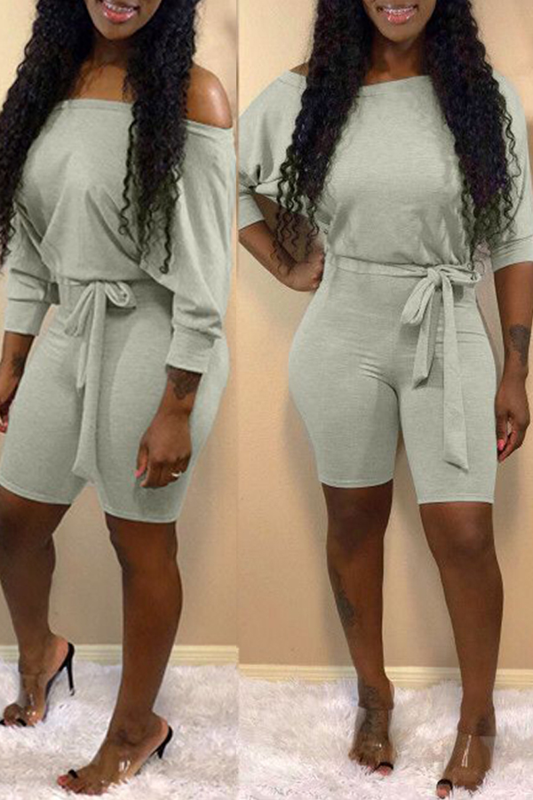 

Lovely Casual Off The Shoulder Lace-up Grey One-piece Romper