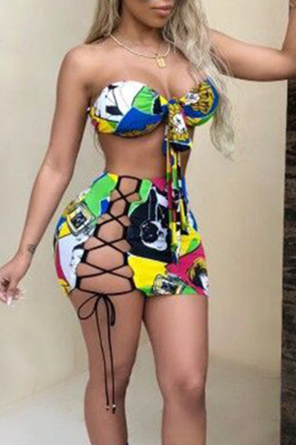 

Lovely Printed Hollow-out Yellow Two-piece Swimwear