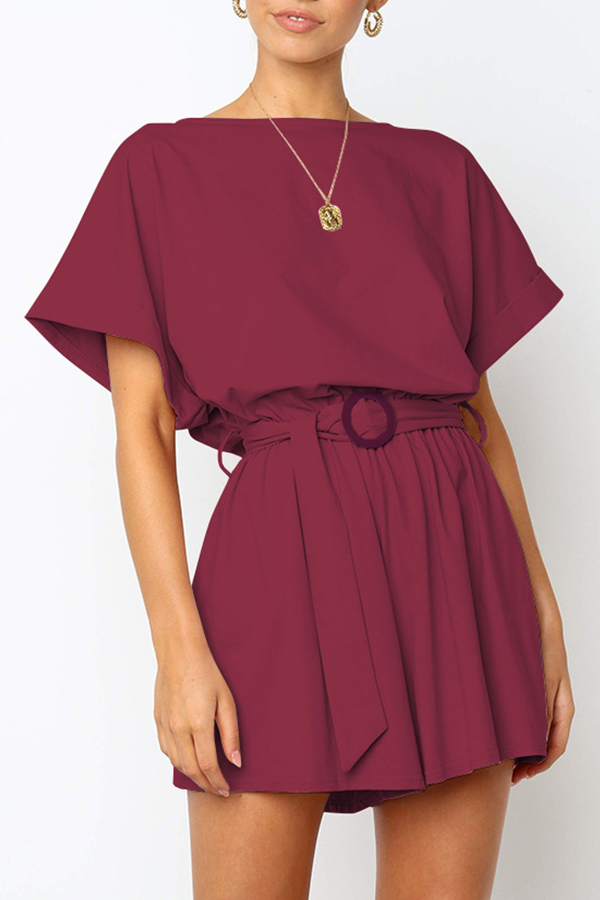 

Lovely Casual O Neck Wine Red One-piece Romper