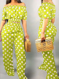 Lovely Sweet Off The Shoulder Dot Printed Green Two-piece Pants Set