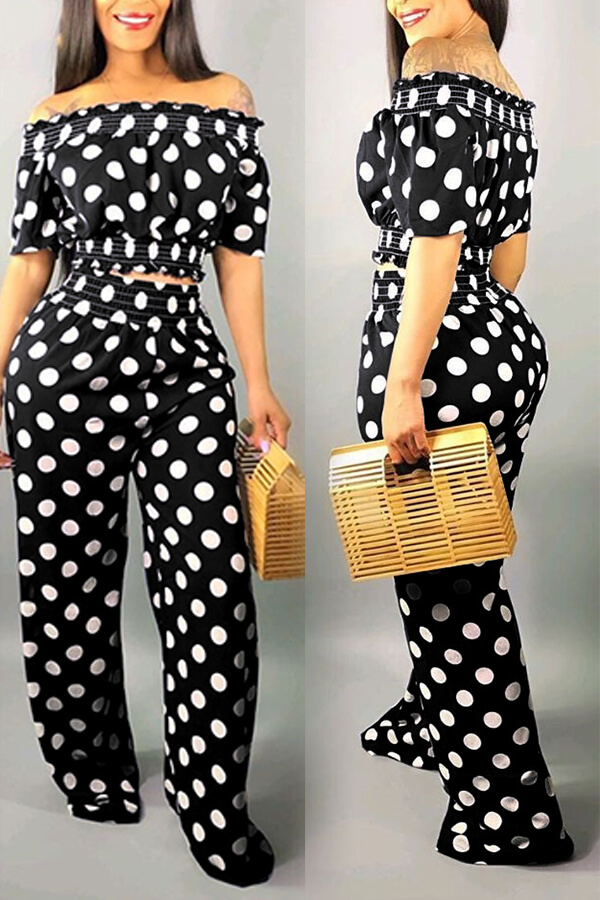 

Lovely Sweet Off The Shoulder Dot Printed Black Two-piece Pants Set