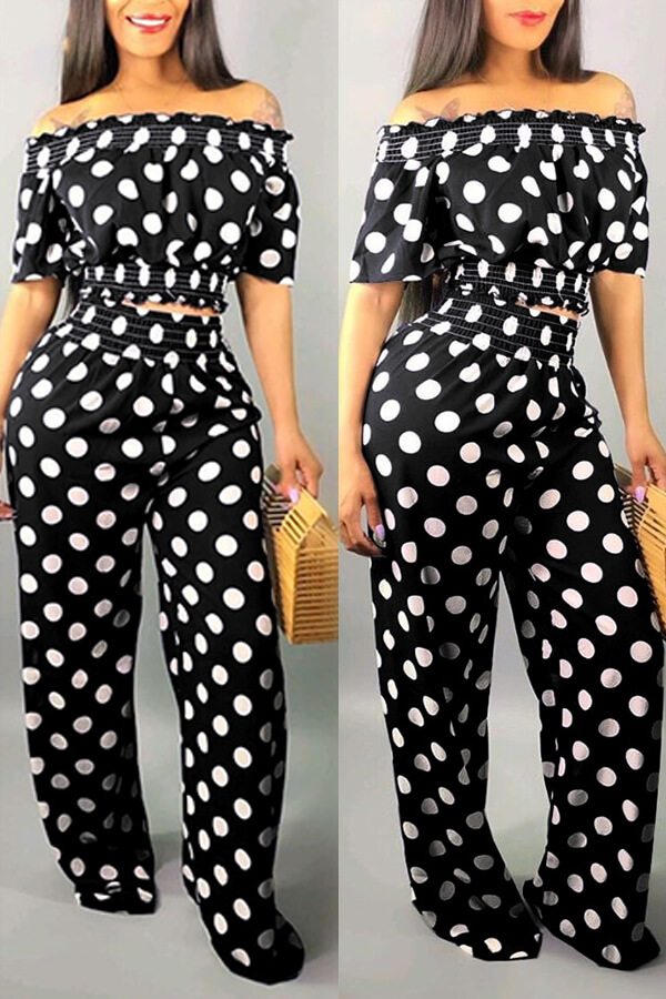 Lovely Sweet Off The Shoulder Dot Printed Black Two-piece Pants Set_Two ...