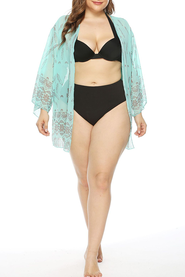 

Lovely Bohemian Printed Blue Plus Size Cover-up