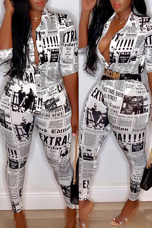 

Lovely Casual V Neck Letter Printed White Two-piece Pants Set(Without Belt