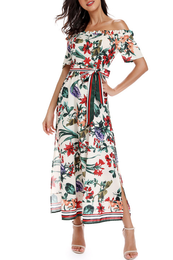 

Lovely Bohemian Off The Shoulder Floral Printed White Mid Calf Dress