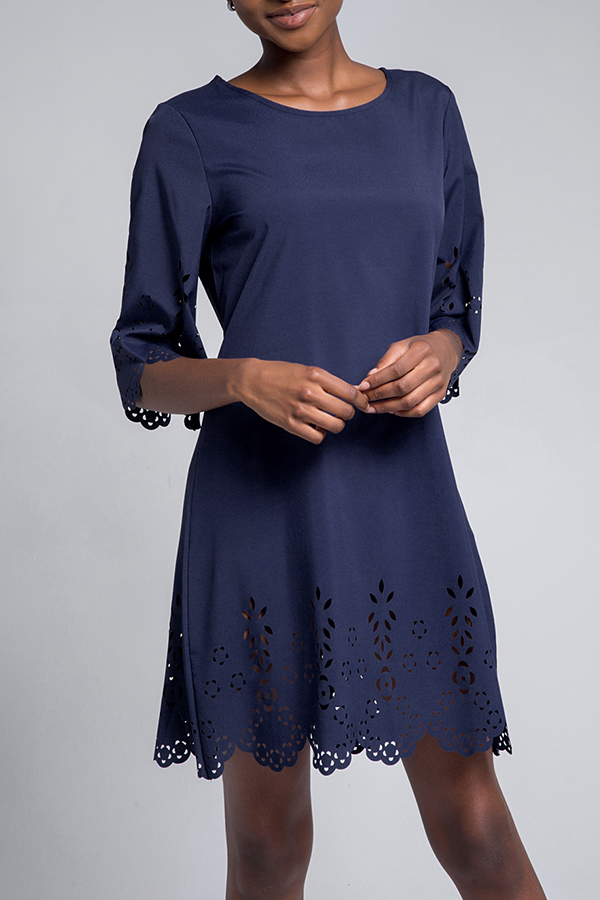 

Lovely Casual O Neck Hollow-out Navy Knee Length OL Dress, Navy blue