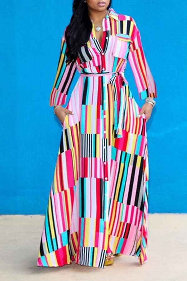 

Lovely Bohemian Turndown Collar Striped Multicolor Floor Length A Line Plus Size Dress, Multi