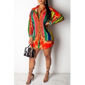 Lovely Stylish Turndown Collar Printed Red Mini Dr