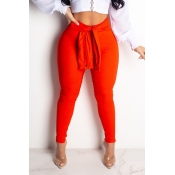 Lovely Stylish High Waist Lace-up Red Pants