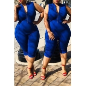 Lovely Casual Zipper Design Blue One-piece Romper