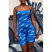 Lovely Casual Letter Printed Blue One-piece Romper