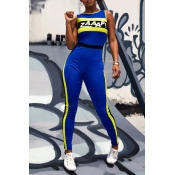 Lovely Casual Letter Printed Patchwork Blue One-pi