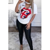 Lovely Casual Lip Printed Hollow-out White T-shirt