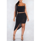 Lovely Casual Asymmetrical Black Two-piece Skirt S