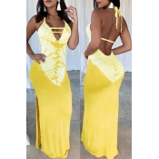 Lovely Sexy V Neck Printed Backless Yellow Floor L