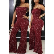 Lovely Stylish Spaghetti Straps Printed Wine Red O