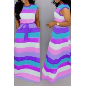 Lovely Casual Striped Printed Purple Floor Length 