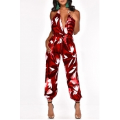 Lovely Sexy V Neck Printed Backless Red One-piece 