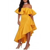 Lovely Stylish One Shoulder Ruffle Design Asymmetr