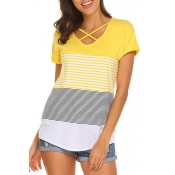 Lovely Casual V Neck Striped Hollow-out Yellow T-s