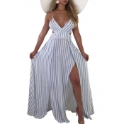 Lovely Sexy V Neck Striped Hollow-out Blue Floor L