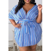 Lovely Casual V Neck Striped Lace-up Blue Mini A L