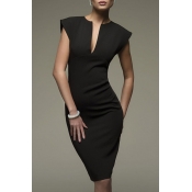 Lovely Stylish V Neck Black Knee Length OL Dress