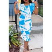Lovely Chic Flounce Design Printed Blue One-piece 