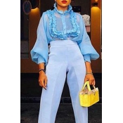 Lovely Sweet Mandarin Collar Puff Sleeve Baby Blue