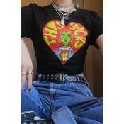 Lovely Leisure O Neck Heart-shaped Printed Black T