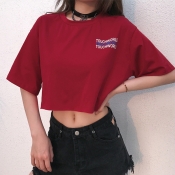 Lovely Leisure O Neck Letter Printed Red T-shirt