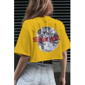 Lovely Leisure O Neck Letter Printed Yellow T-shir