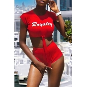 Lovely Casual O Neck Letter Printed Red Two-piece 