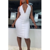 Lovely Sexy Halter V Neck Backless White Knee Leng