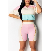 Lovely Casual Patchwork Pink Two-piece Shorts Set
