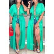 Lovely Casual Short Sleeve Lace-up Green Blouse