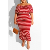 Lovely Casual Striped Red Ankle Length Plus Size D
