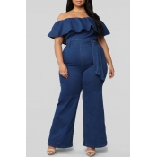 Lovely Stylish Off The Shoulder Ruffle Deep Blue P