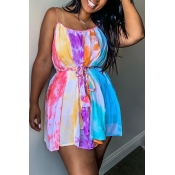 Lovely Sweet Square Collar Spaghetti Strap Printed