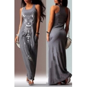 Lovely Casual U Neck Printed Grey Floor Length T-s