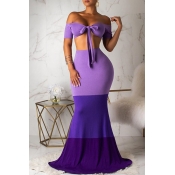 Lovely Sexy Off The Shoulder Patchwork Purple Two-