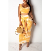 Lovely Casual U Neck Tie-dye Gold Two-piece Skirt 