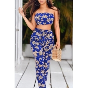 Lovely Casual Off The Shoulder Printed Blue Two-pi