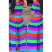 Lovely Casual O Neck Striped Printed Blue Two-piec